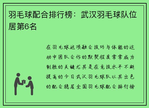 羽毛球配合排行榜：武汉羽毛球队位居第6名