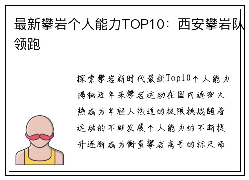 最新攀岩个人能力TOP10：西安攀岩队领跑