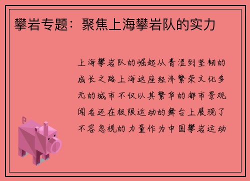 攀岩专题：聚焦上海攀岩队的实力