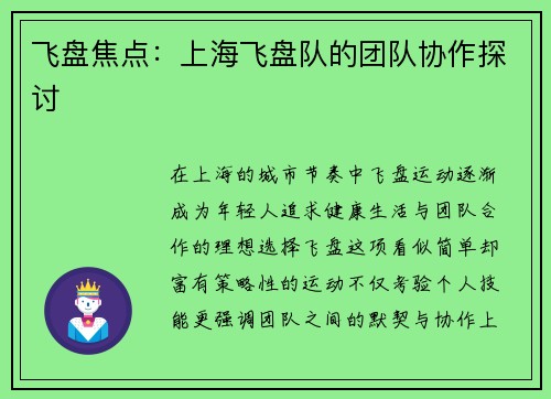 飞盘焦点：上海飞盘队的团队协作探讨